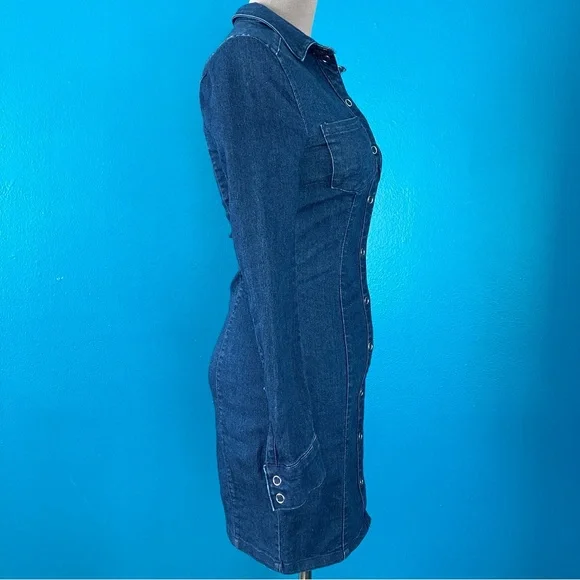 Fitted Denim Mini Dress w/ Long Sleeves in Dark Wash Blue Jean Size 2 XS - Picture 4 of 9